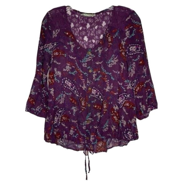 Maurices Purple Sheer Button Down Paisley Floral 3/4 Sleeves Drawstring Waist M - Picture 1 of 9